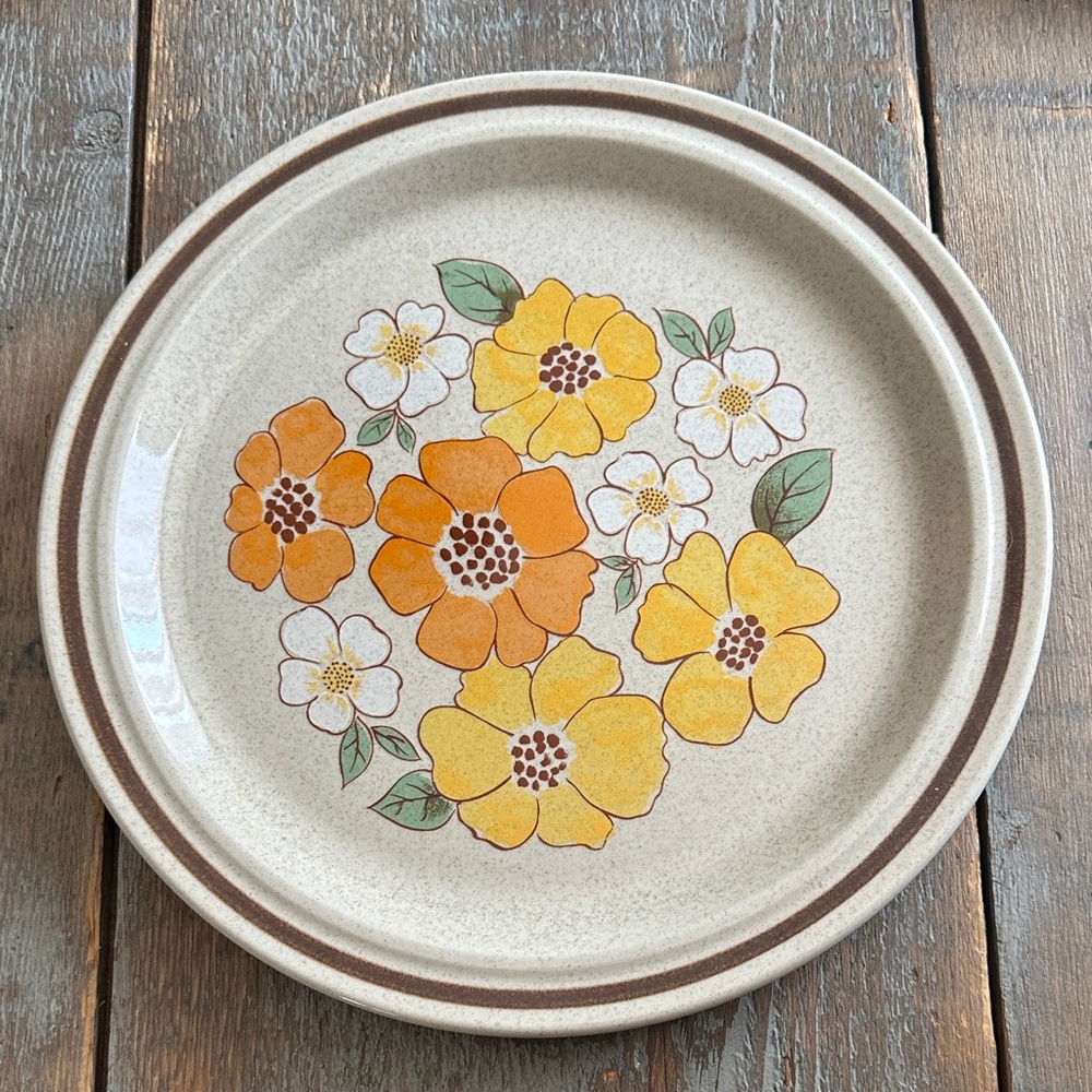 Vintage 80s Floral Patterned Plate with Orange and Yellow Flowers